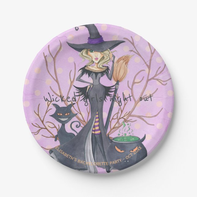 Watercolor witch Halloween bachelorette party Paper Plate (Front)