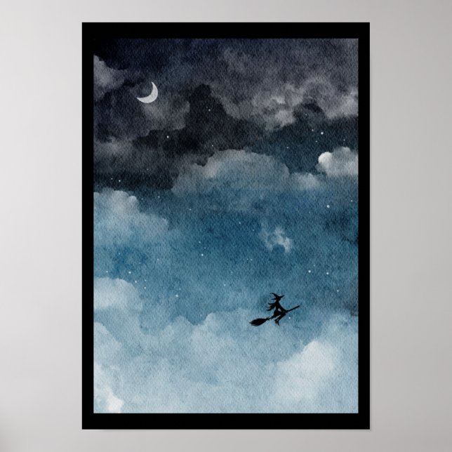 Watercolor witch on a dark night sky  poster (Front)
