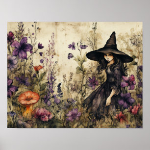 Watercolor Witch With Flowers Poster