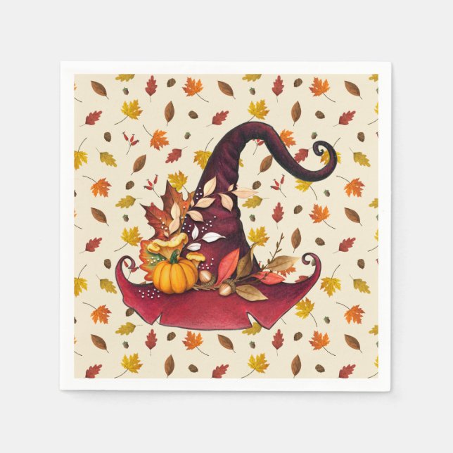 Watercolor Witches Hat and Fall Leaves  Paper  Napkin (Front)