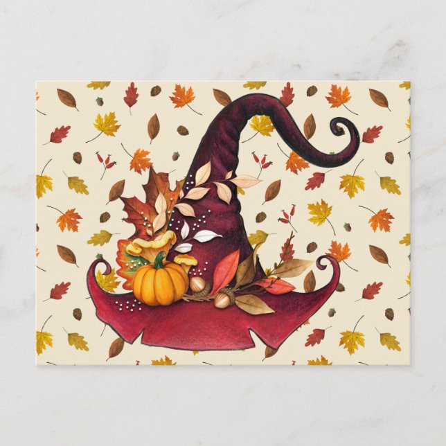 Watercolor Witches Hat and Fall Leaves Postcard (Front)