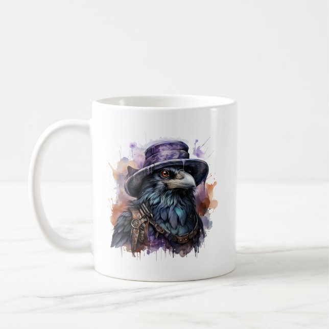 Watercolor Wizard Raven Bird Coffee Mug (Left)