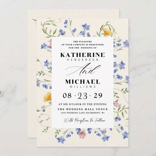 Watercolor Wldflowers Meadow Details RSVP Wedding Invitation (Front/Back)
