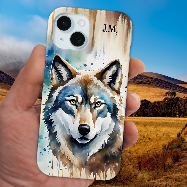Watercolor Wolf Animal Lover Case-Mate iPhone Case (Animal phone case featuring a watercolor painting of a wolf. You can add your custom initials.)