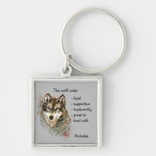 Watercolor Wolf Code Quote, Wolves Custom Name Key Ring