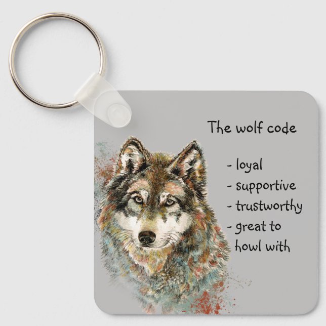 Watercolor Wolf Code Quote, Wolves Custom Name Key Ring (Front)