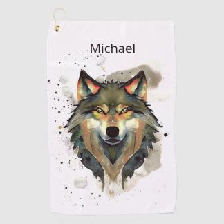 Watercolor Wolf Earths Tones Golf Towel