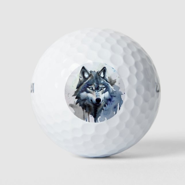 Watercolor Wolf Head Dusty Blue Golf Balls (Front)