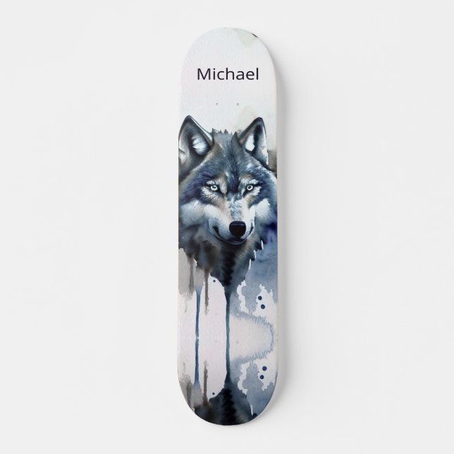 Watercolor Wolf Head Dusty Blue Skateboard (Front)