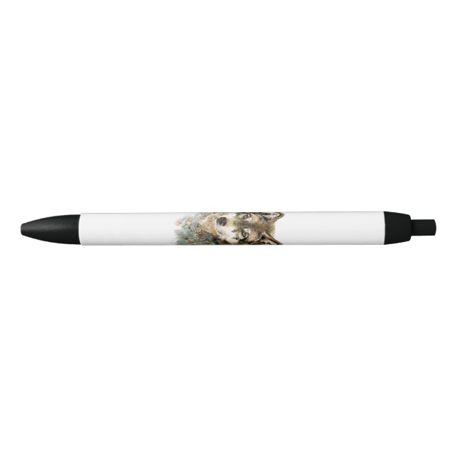 Watercolor Wolf Head Wildlife Animal Art Black Ink Pen (Front)
