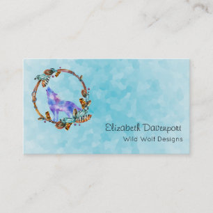 Watercolor Wolf Howling in a Boho Style Wreath Business Card