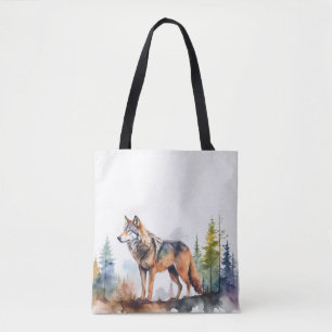 Watercolor Wolf in Forest Tote Bag