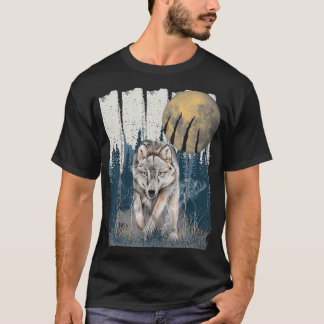 Watercolor Wolf in the Forest Full Yellow Moon  T-Shirt