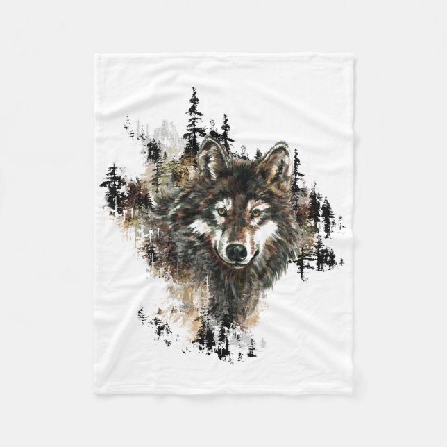 Watercolor Wolf Mountain Animal Art Fleece Blanket (Front)