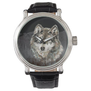 Watercolor Wolf Mountain Animal Nature Art Watch