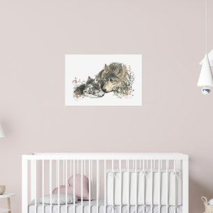 Watercolor Wolf Mum and Cubs Animal Art Poster