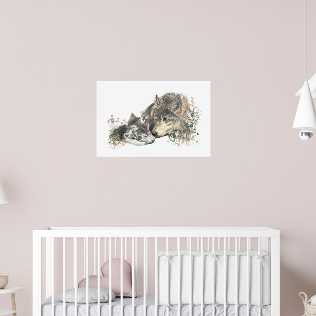 Watercolor Wolf Mum and Cubs Animal Art Poster (Nursery 2)