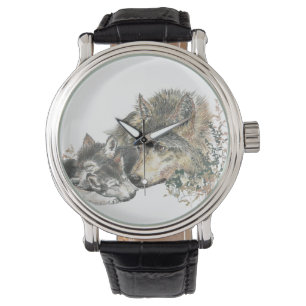 Watercolor Wolf Mum & Cub Animal Nature Art Watch