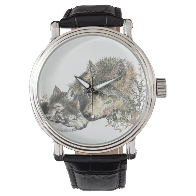 Watercolor Wolf Mum & Cub Animal Nature Art Watch (Front)
