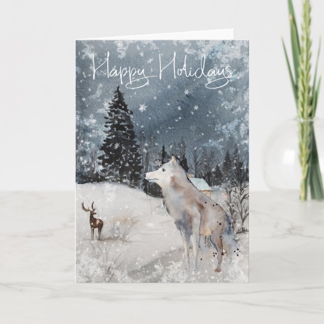 Watercolor Wolf  Snow Landscape Cabin Card (Front)