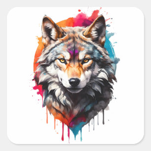 Watercolor Wolf Splatter Art Portrait Splash Ink Square Sticker
