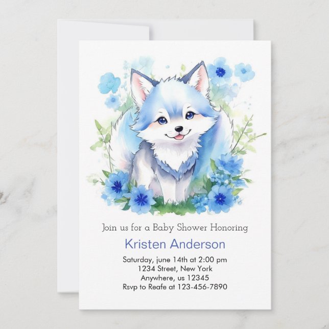 Watercolor Wolf Whimsical Boy Baby Shower Invitation (Front)