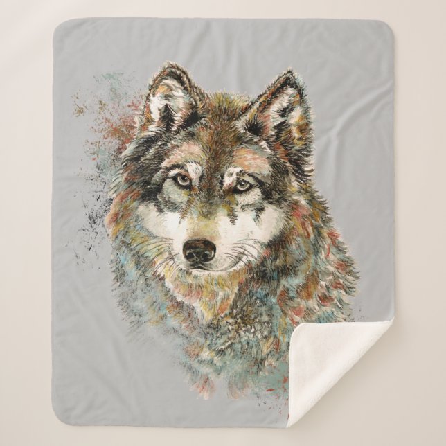 Watercolor Wolf Wildlife Animal Nature Art Sherpa Blanket (Front)