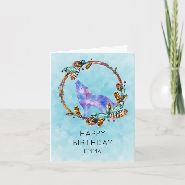Watercolor Wolf with a Boho Style Wreath Birthday Card (Front)