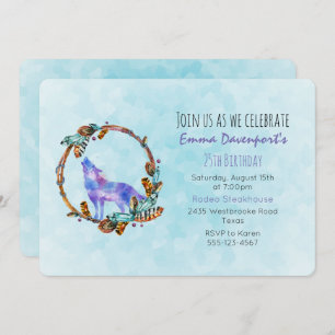 Watercolor Wolf with a Boho Style Wreath Birthday Invitation