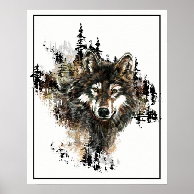 Watercolor Wolf with Mountain Art Poster (Front)