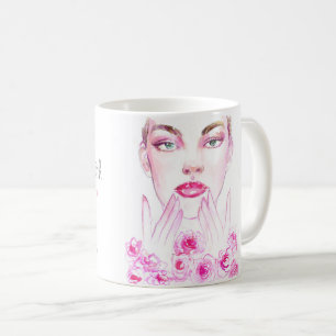 Watercolor woman and roses beauty salon branding coffee mug