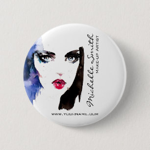 Watercolor woman portrait makeup artist branding 6 cm round badge