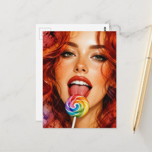 Watercolor Woman With Lollipop Postcard