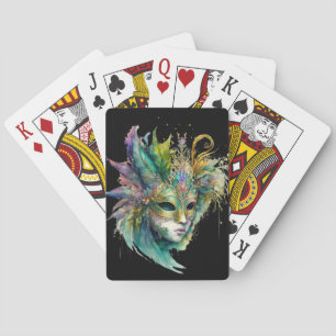 WATERCOLOR WOMANS FACE WITH MARDI GRAS MASK PLAYING CARDS