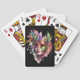 WATERCOLOR WOMANS FACE WITH MARDI GRAS MASK PLAYING CARDS