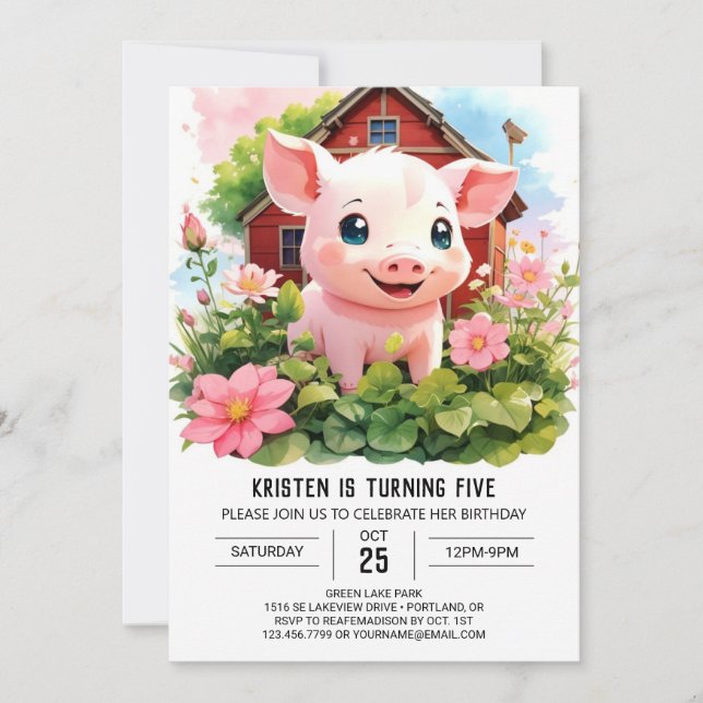 Watercolor Wonderland Farmyard Girl Birthday Invitation (Front)