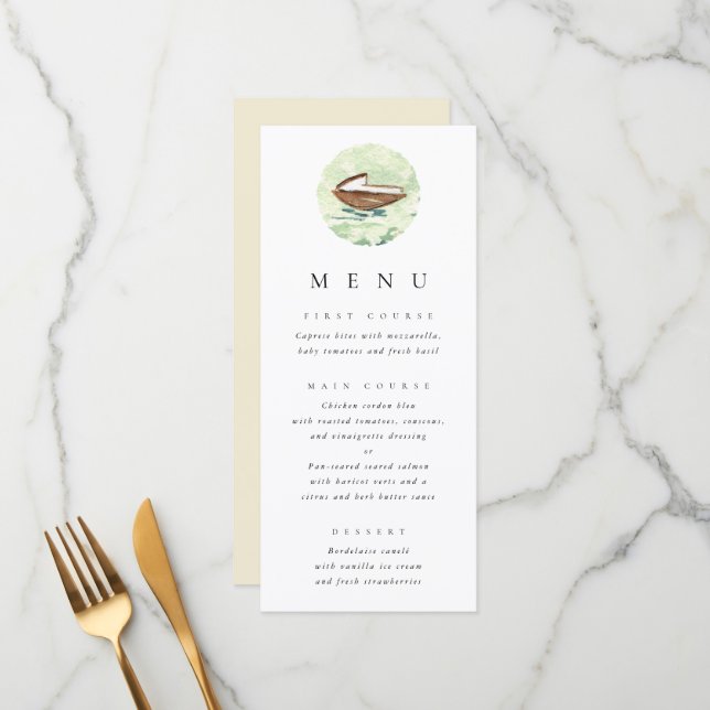 Watercolor Wooden Boat Wedding Menu (Front/Back In Situ)