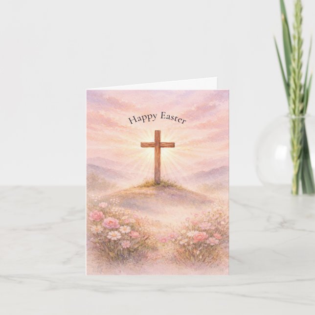 Watercolor Wooden Cross Alleluia Happy Easter Holiday Card (Front)