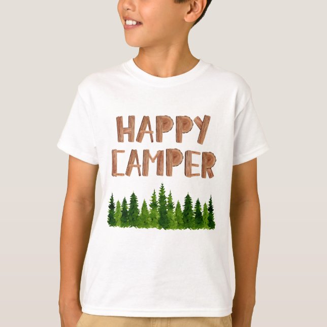 Watercolor Wooden Happy Camper Pine Trees  T-Shirt (Front)