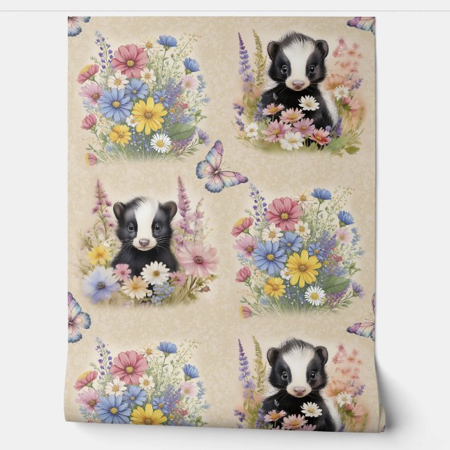 Watercolor Woodland Animal Baby Skunk Wild Flower  Wallpaper (Unrolling)