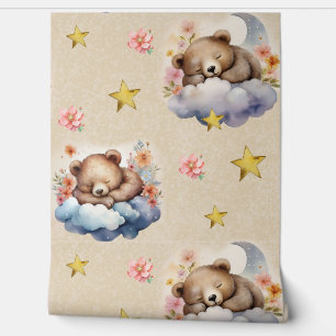 Watercolor Woodland Animal Bear Clouds Star Floral Wallpaper