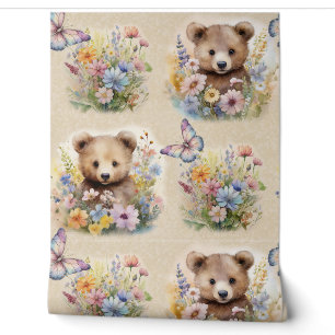 Watercolor Woodland Animal Bear Floral Butterfly Wallpaper