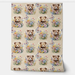 Watercolor Woodland Animal Bear Floral Butterfly Wallpaper