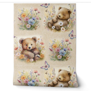 Watercolor Woodland Animal Bear Floral Butterfly Wallpaper