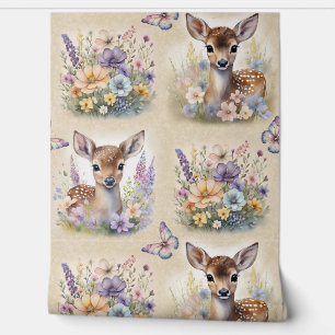 Watercolor Woodland Animal Deer Floral Butterfly Wallpaper