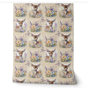 Watercolor Woodland Animal Deer Floral Butterfly Wallpaper