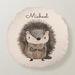 Watercolor Woodland Animal Hedgehog Personalised Round Cushion