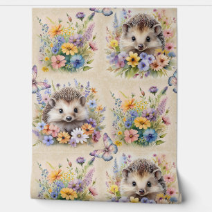 Watercolor Woodland Animal Hedgehog Wild Flower Wallpaper