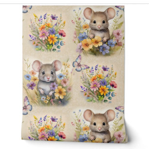 Watercolor Woodland Animal Mouse Floral Butterfly Wallpaper