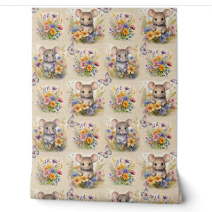 Watercolor Woodland Animal Mouse Floral Butterfly Wallpaper
